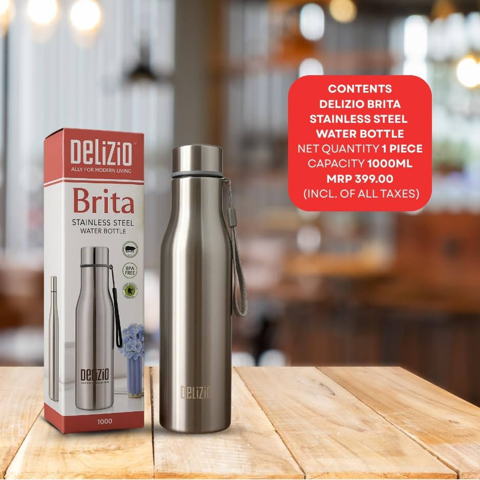Image of KEMP DELIZIO Edition Stainless Steel Fridge Water Bottle 1000 ML | 1 L | Single Walled | Office | Gym | Travelling | Leak Proof LID | ECO Friendly | BPA Free | for Adult, Kids