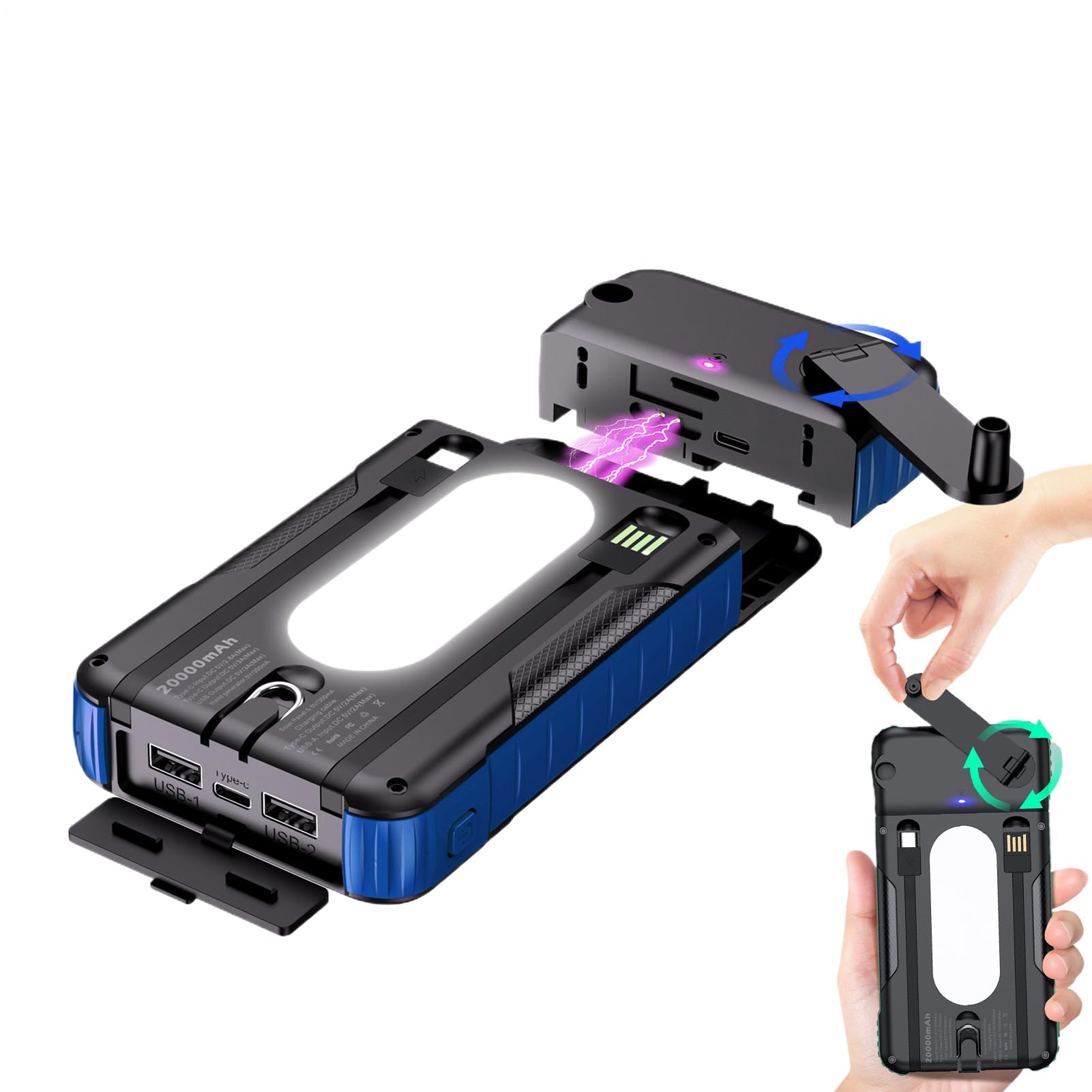 Caricatore Solare Power Bank Batteria da 20000mAh per Sopravvivenza | Batteria Portatile Solare Con Manovella Manuale Per Uso Esterno per Viaggio Pesca Campeggio Escursionismo Viaggio Zaino in