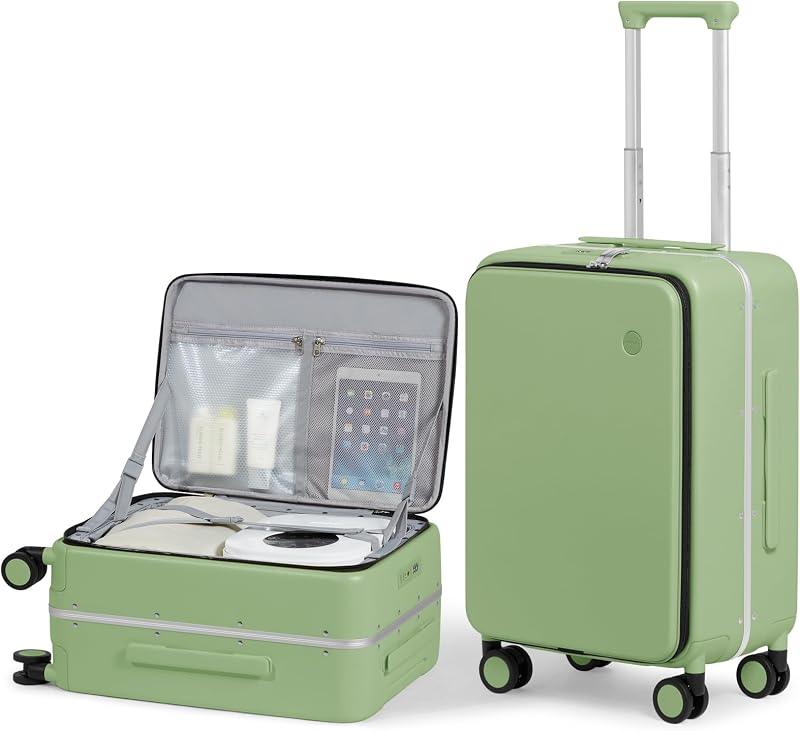 Equipaje de mano de 20 pulgadas, 22 x 14 x 9, valija rígida para PC aprobada por aerolíneas, valija de viaje con marco de aluminio con apertura superior y ruedas, color verde aguacate