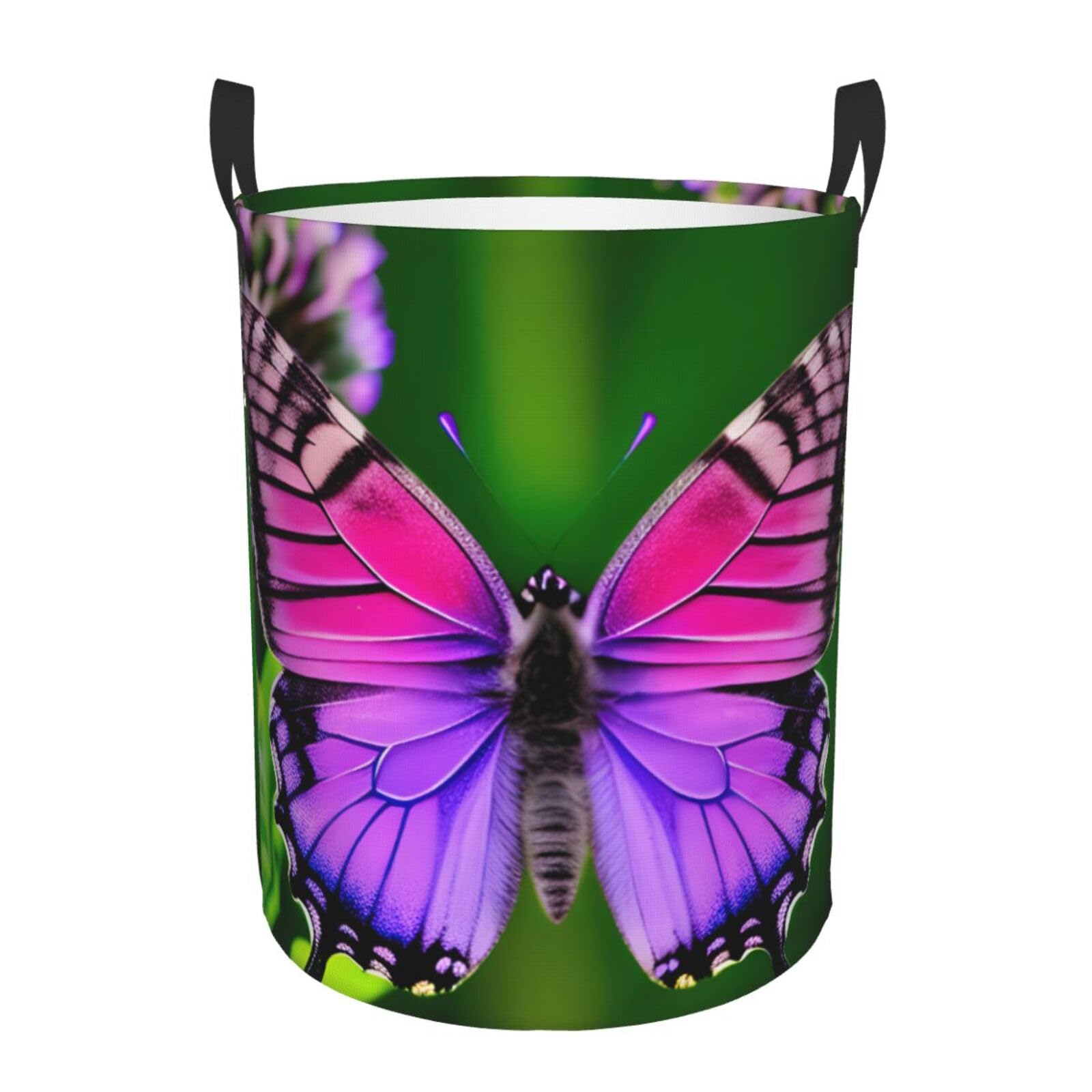 S Collapsible Laundry Hamper Round purple cute butterfly Print Storage