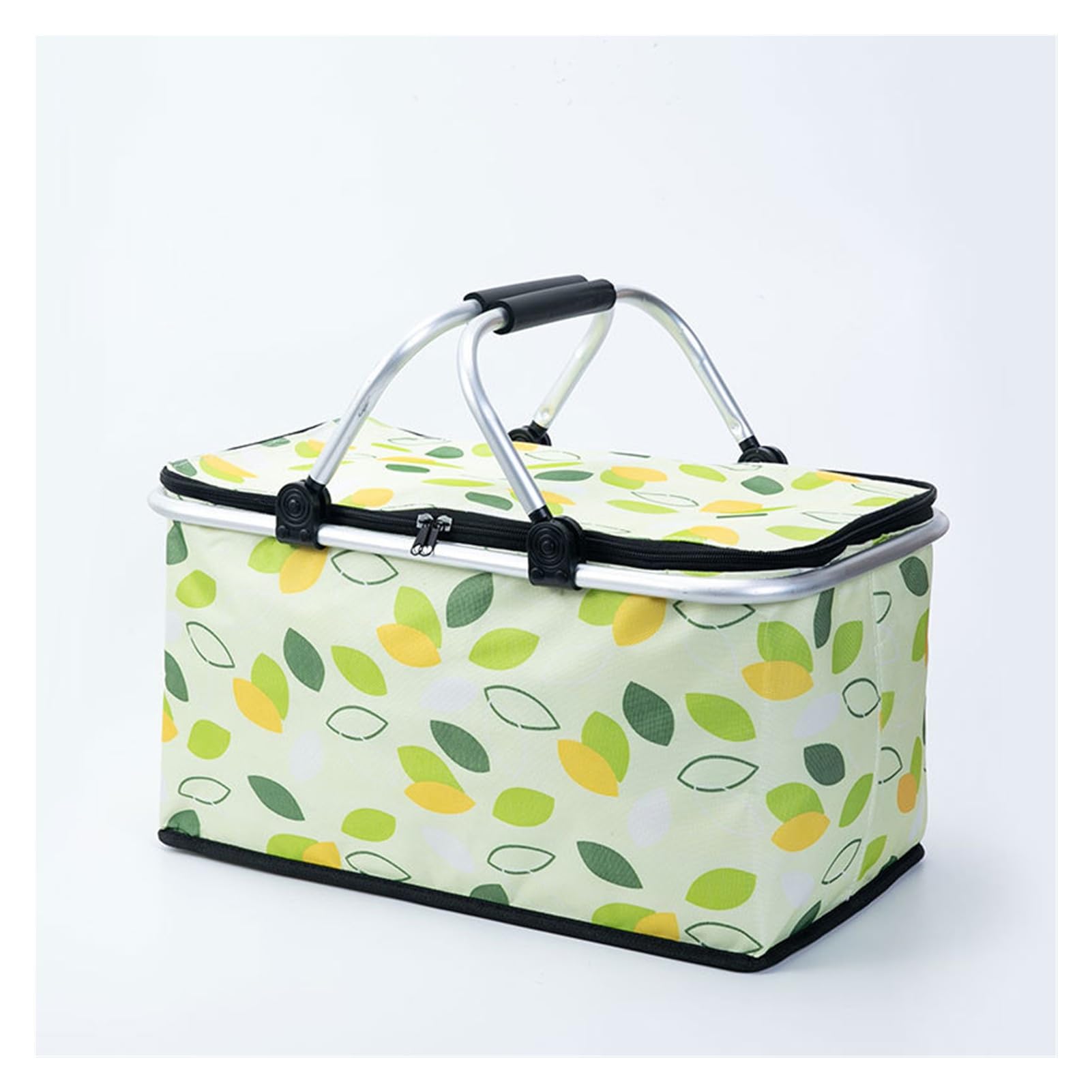 Foldable Insulated Picnic Basket, 30L Large Capacity Thermal Cooler Bag with Aluminum Frame, Portable Reusable Picnic Tote for Outdoor Camping, Picnic and Grocery Shopping (Green Leaf)