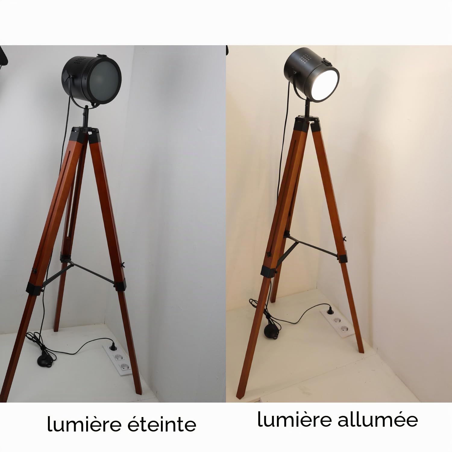 Alpinaluz Lampadaire artisanal avec structure bois et métal, tête orientable noire avec verre dépoli, hauteur ajustable, compatible ampoules LED E27, style rétro pour salon