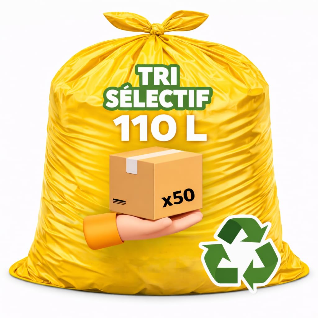 Bolsa de basura amarilla de 110 litros, clasificación selectiva | Lote de 50 bolsas de baja densidad 30 micras (30µ) | Papeleras de cartón - Periódicos - Botella de plástico - Embalaje de metal |