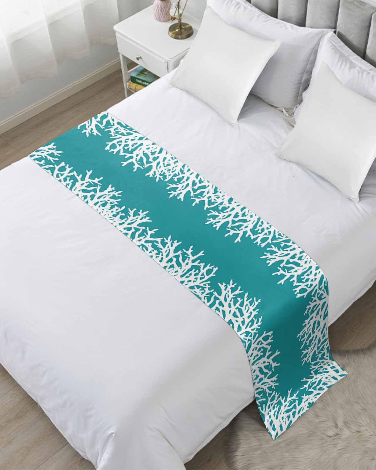 Full Bed Runner White Coral on Teal Green Bedding Runner Scarves Decorative Bed Scarf, Marine Modern Abstract Art Soft Bed Runners for Bedroom Hotel Wedding 83x20IN