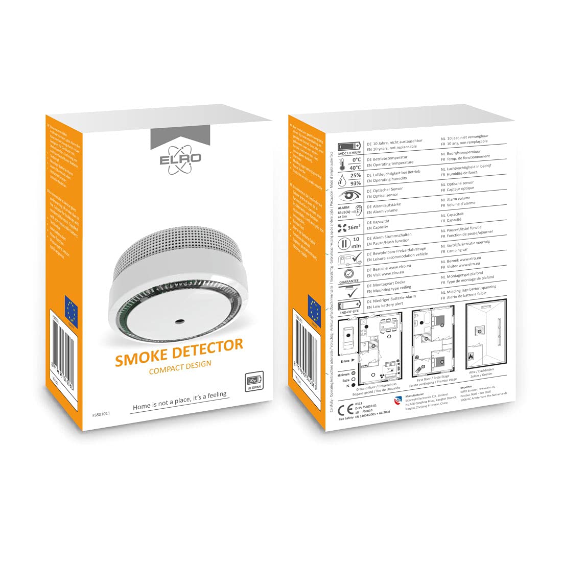 ELRO FS8010 Mini czujnik dymu, kompaktowy design, z baterią 10-letnią EN 14604, biały