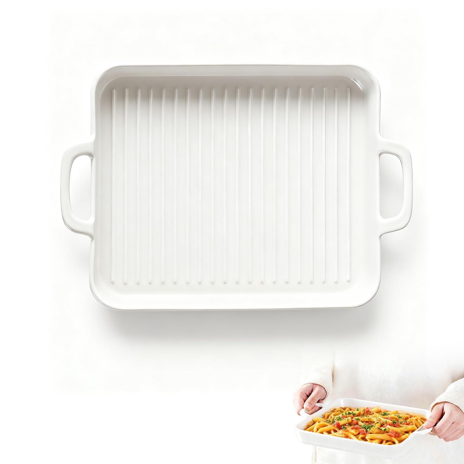 Durable Ceramic Baking Dish and Reheating Tray for Microwave and Oven, Multi-Functional Square Design with Ergonomic Handle, White