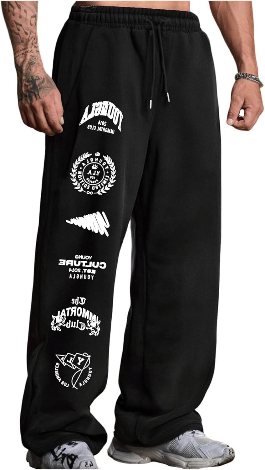 SOLY HUX Men's Graphic Sweatpants Drawstring Elastic Waist Baggy Straight Leg Pants Streetwear