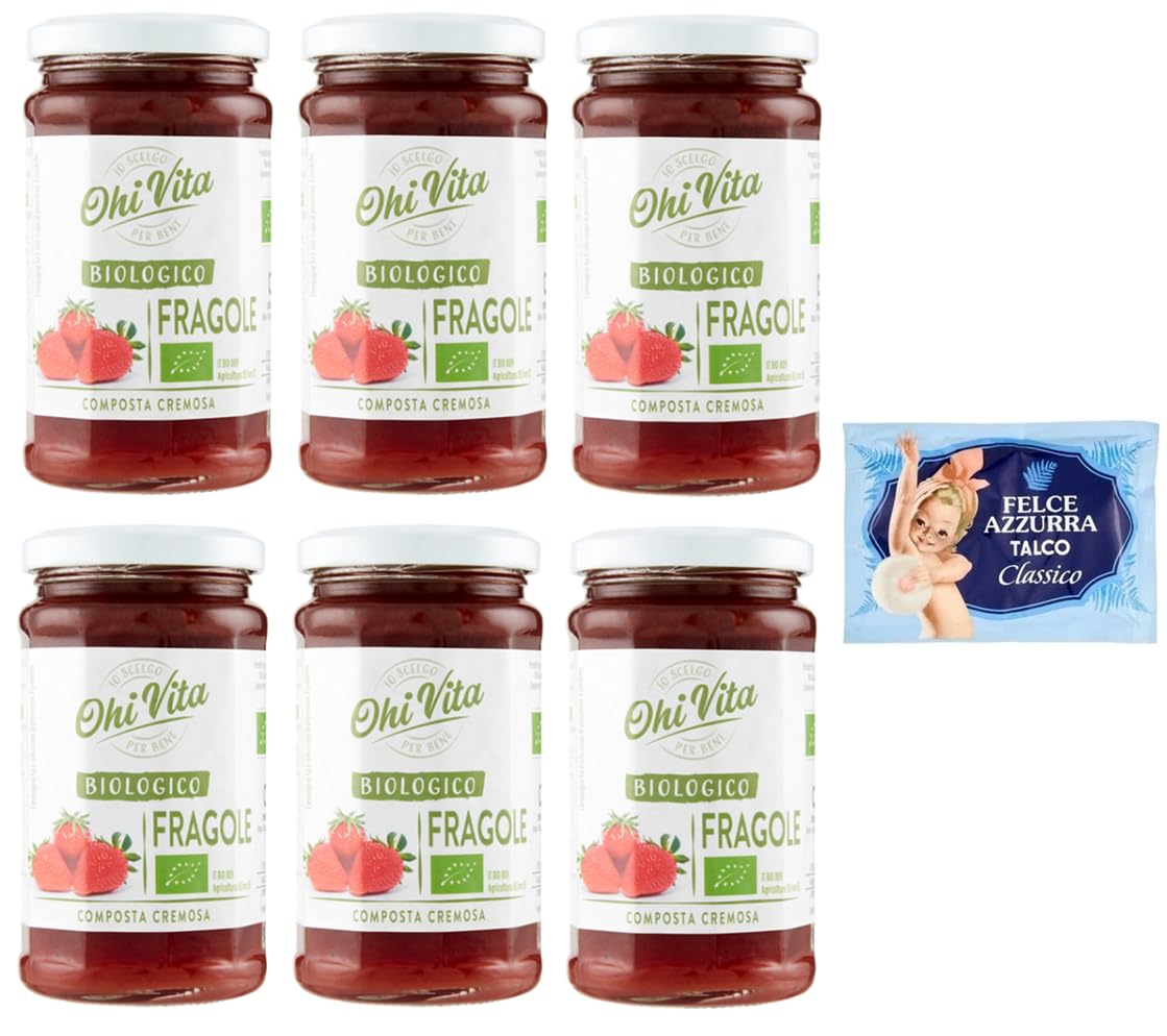 6er-Pack Ohi Vita Marmelade Fragole,Cremiges Erdbeerkompott,Fruchtkompott,250g Glas + 1er-Pack Kostenlos Felce Azzurra Talkumpuder, 100g-Beutel