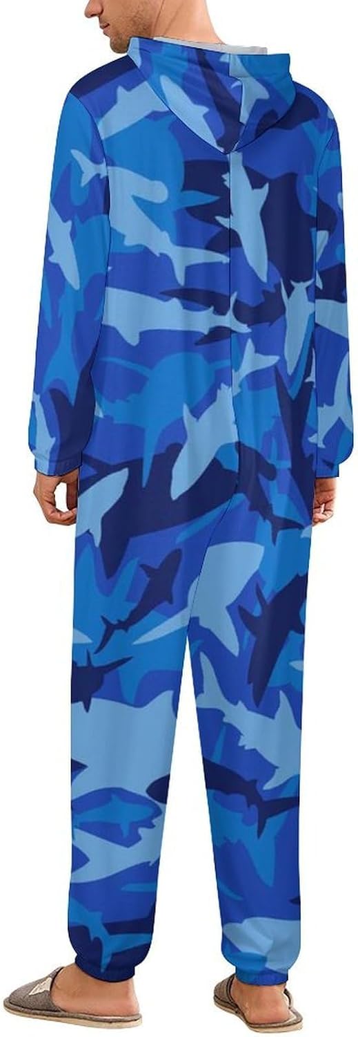 Blue Camouflage Shark Adult Pajamas Onesie with Hood Pocket Jumpsuits One Piece Sleepwear