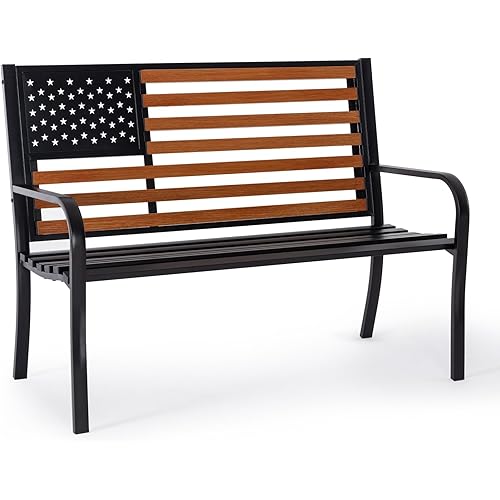 𝐀𝐭𝐭𝐥𝐢𝐚𝐬𝐚𝐥𝐨𝐧 50” Outdor Bench Garden Bench with American Flag Style, Sturdy Cast Iron Metal Frame Patio Park Bench for Porch Yard Lawn Deck Park