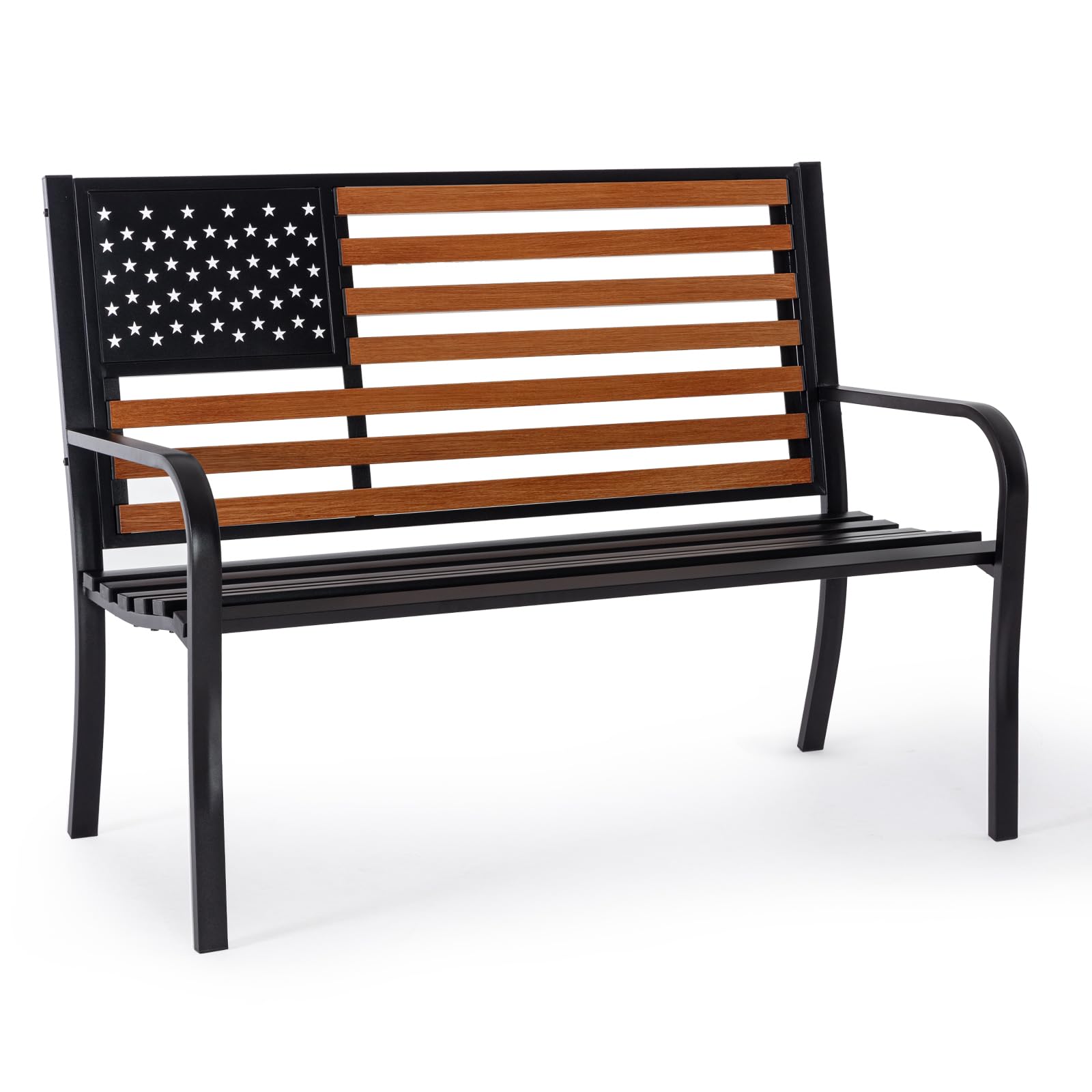 Attliasalon 𝐀𝐭𝐭𝐥𝐢𝐚𝐬𝐚𝐥𝐨𝐧 50” Outdoor Bench Garden Bench with American Flag Style, Sturdy Cast Iron Metal Frame Patio Park Bench for Porch