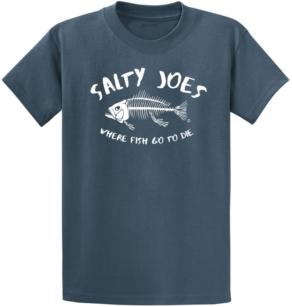 Joe's USA - Salty Joe's Where Fish Go to Die Logo Cotton T-Shirts-3XL-SteelBlue/w