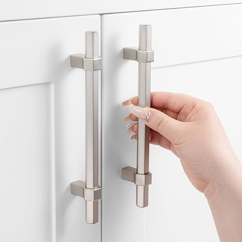 Miniatura 27 de Paquete de 5 tiradores de gabinete con agujero central de 5 pulgadas, manijas de gabinete en negro mate y níquel cepillado, accesorios de cocina