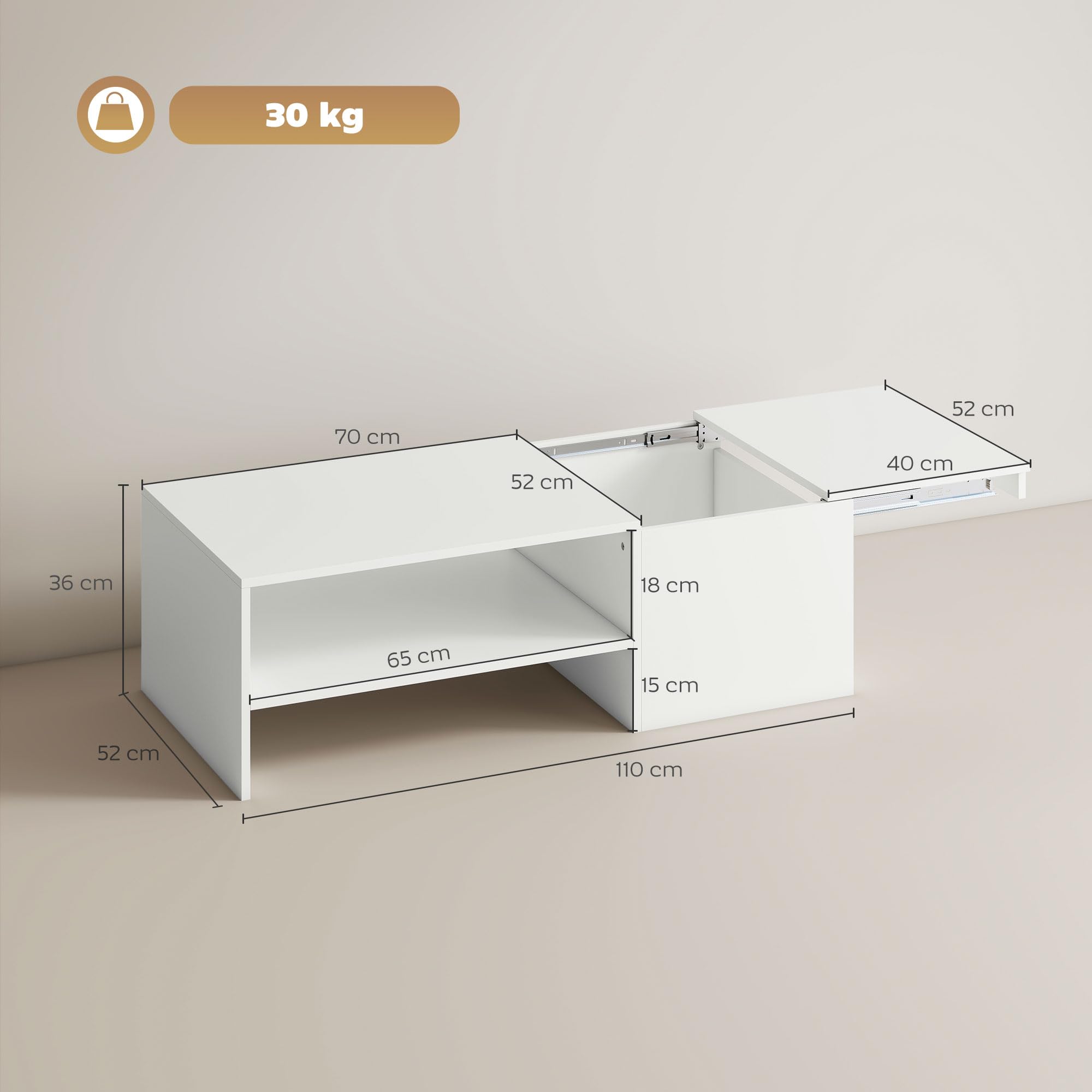 HOMCOM Mesa de Centro con Tablero Deslizante Moderna 110x52x36 cm Blanco | Mesa Baja para Salón Moderna, con Compartimento Oculto, Estante Abierto, para Comedor, Oficina