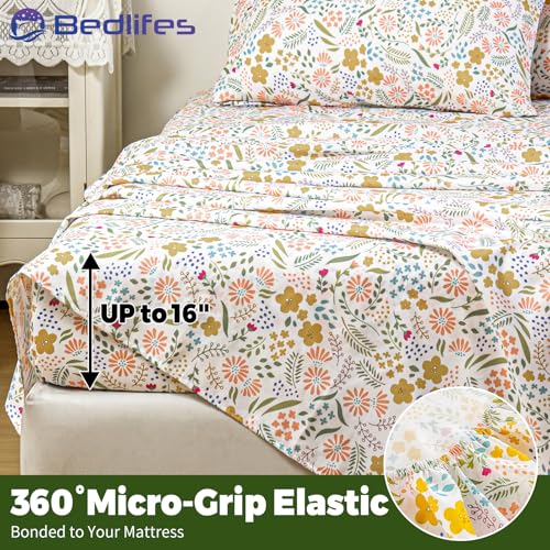 Image of Bedlifes Queen Floral 4-Piece Sheet Set - Cooling Sheets Blend Rayon Derived from Bamboo,Soft & Breathable, Deep Pocket 16 inch, Wrinkle Resistant - Featuring Floral