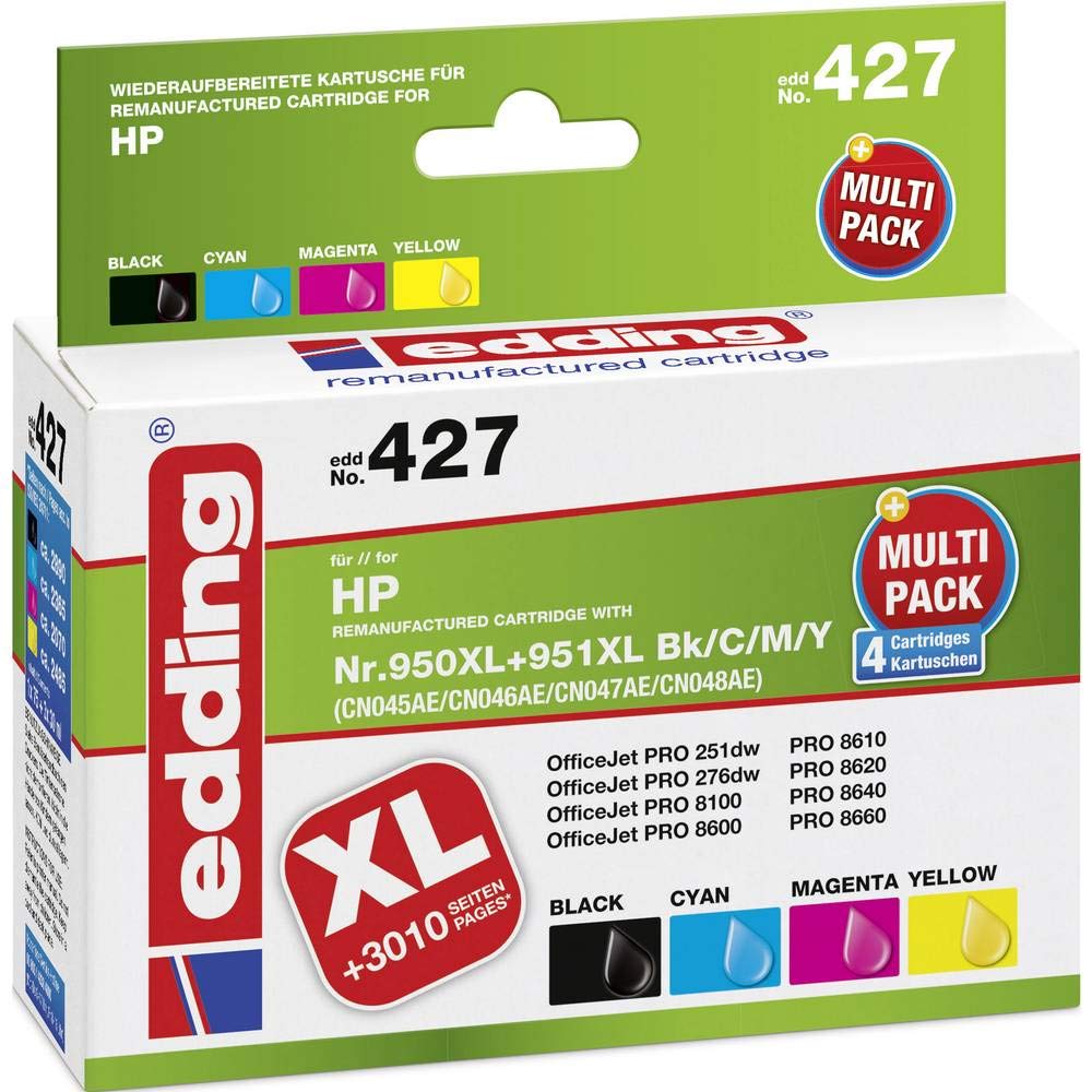 edding Druckerpatrone EDD-427 - Multipack 4 - Schwarz, Cyan, Magenta, Gelb - 1x 75 ml + 3X 30 ml - Reichweite 1x 2890 3X 2295 - Ersetzt HP 950XL/951XL (CN045/CN046/CN047/CN048)