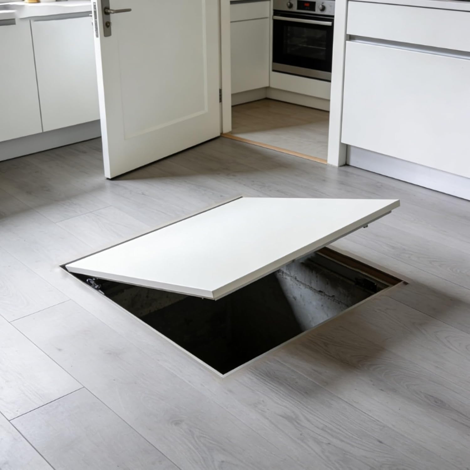 Flush Mounted Floor Access Hatch, Steel Entry Door for Crawl Space, Camouflaged Design for Hidden Wine Cellars