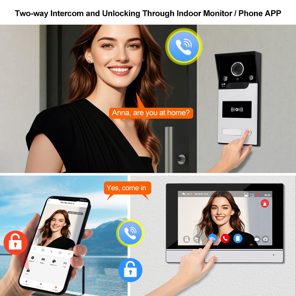 Tuya WiFi Video Intercomunicación Sistema de Timbre de 7 Pulgadas Pantalla Táctil de Color Interfonos Cámara 1080P, Visión Nocturna IR, Tarjeta RFID App Desbloqueada a Distancia