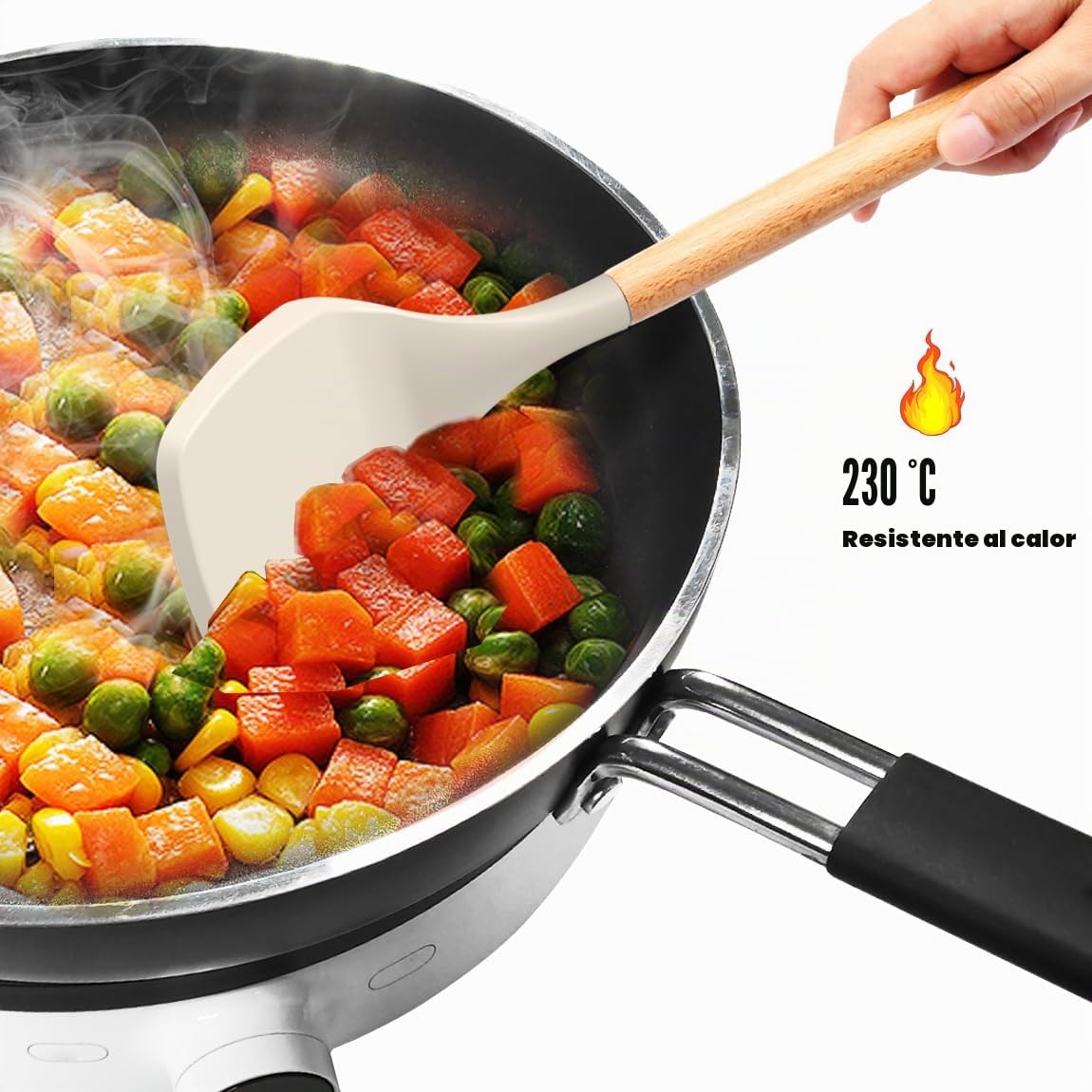 Juego de utensilios de cocina de silicona resistentes al calor para cocinar hasta 230°C, juego de espátulas con asas de madera y soporte, sin BPA, para utensilios de cocina antiadherentes, color caqui