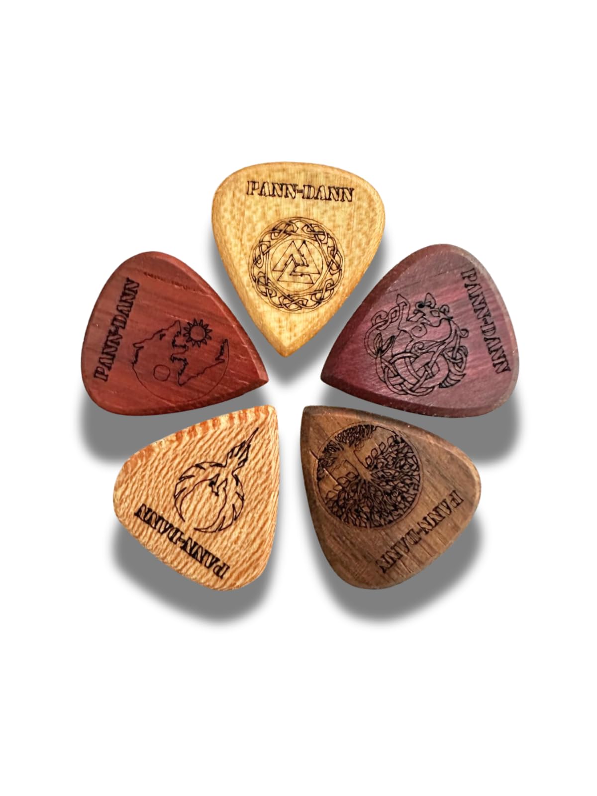 5 Pcs Wooden Guitar Picks - Made of Purpleheart, Maple, Padauk, Platanus, Walnut Woods – in Various Flexibility - for Acoustic, Electric and Bass Guitar - Aesthetic Picks with Mythological Symbols