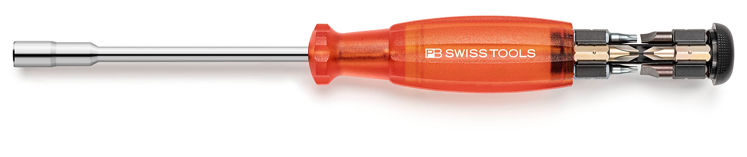 PB Swiss Tools Bithalter Schraubendreher Lang PB 6465 | 100% Swiss Made | Universalhalter mit Bitmagazin inklusive 8 Precision Bits Schlitz/Kreuz/Torx Klingenlänge 100 mm