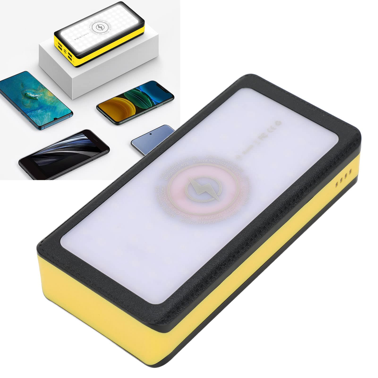 30000mAh Solar Power Bank 3 modalità di illuminazione 66 LED 4 porte di uscita USB Power Bank LED da 40 W per campeggio Pesca alpinismo, ABS, ca.165 x 85 x 35 mm 6,5