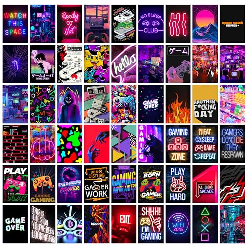 Image of MODERN GALLERY MART Pack of 54 Gaming Wall Collage Kit Posters - 4 x 6 Inches Posters for Wall Decoration - Wall Art For Bedroom, Office, Living room, Dorm room - Glue Dots Included
