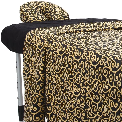 Image of ForPro Premium Designer Flannel 3-Piece Massage Sheet Set, Golden Swirl with Black Fitted Sheet
