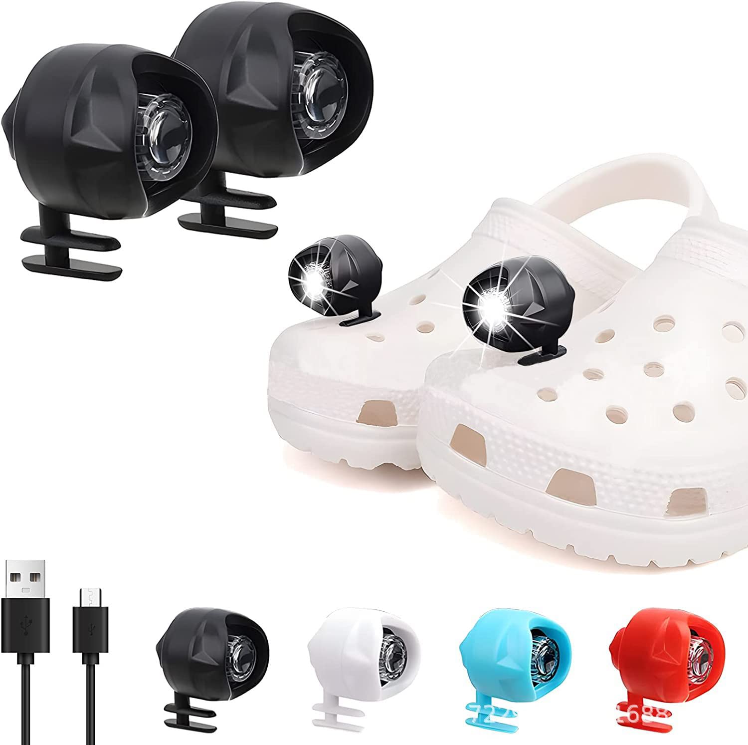 2Pcs Headlights for Croc Lights, 3 Modes Rechargeable LED Lights for Croc Shoes with IPX5 Waterproof, Used for Walking, Cycling and Running at Night (BLACK)