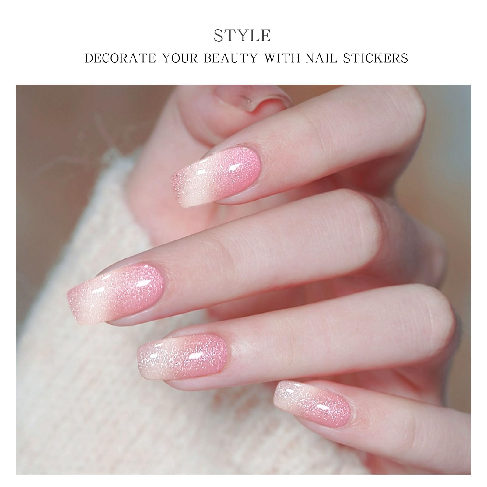 JMEOWIO Gel Nail Stickers Pink White Glitter Cat Eye Semi Cured Gel Nail Strips Wraps UV/LED Nails Art Design Decoration Accessories - Image 2