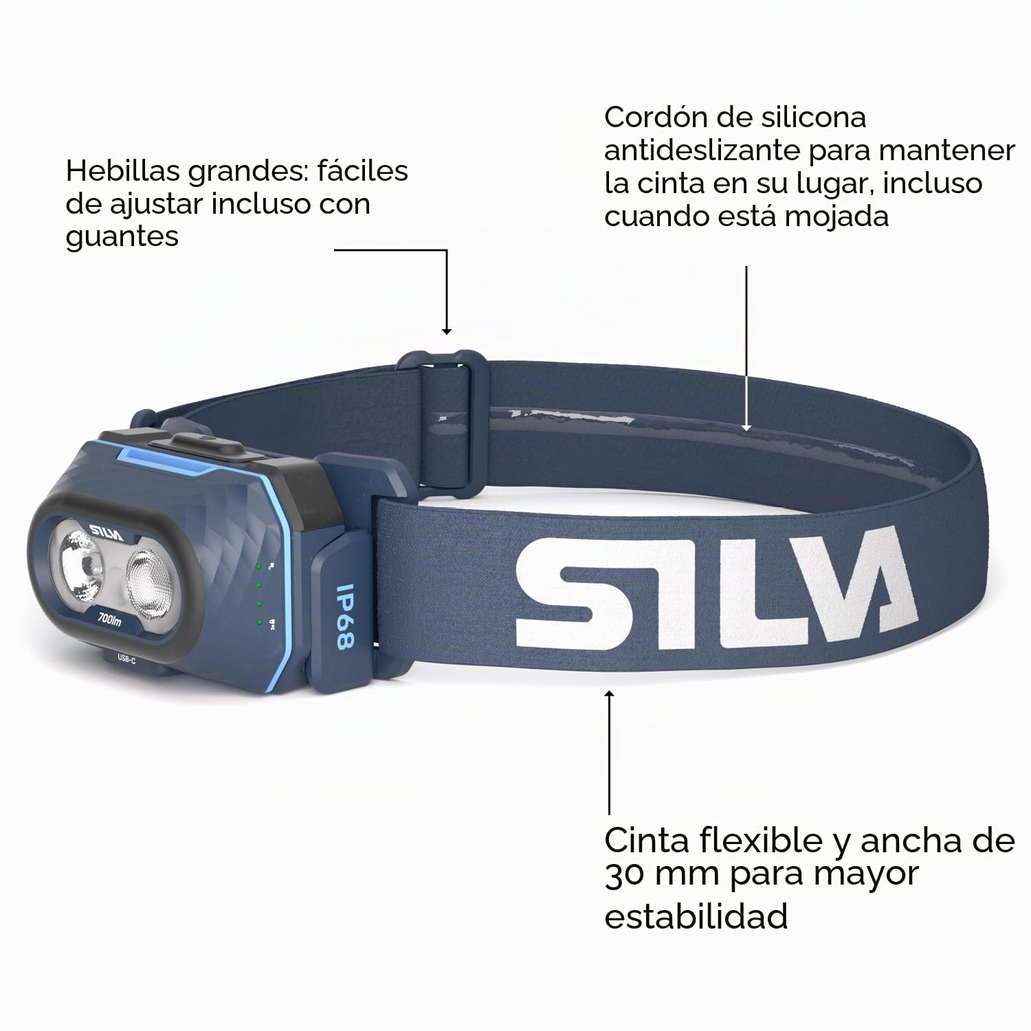 Silva Linterna frontal alimentada por pilas, recargable USB-C, explora la lámpara de cabeza de 5 a 700 lúmenes, 4 niveles de brillo, LED blanco, rojo y naranja, indicador de batería, linterna frontal