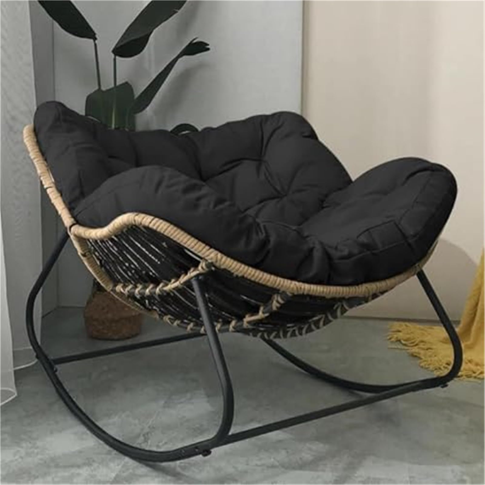 Modern Patio Rocking Chair Outdoor Chair with Cushion Padded, Indoor Oversized Rattan Wicker Lounge Chair Metal Frame Large Supports(Black)