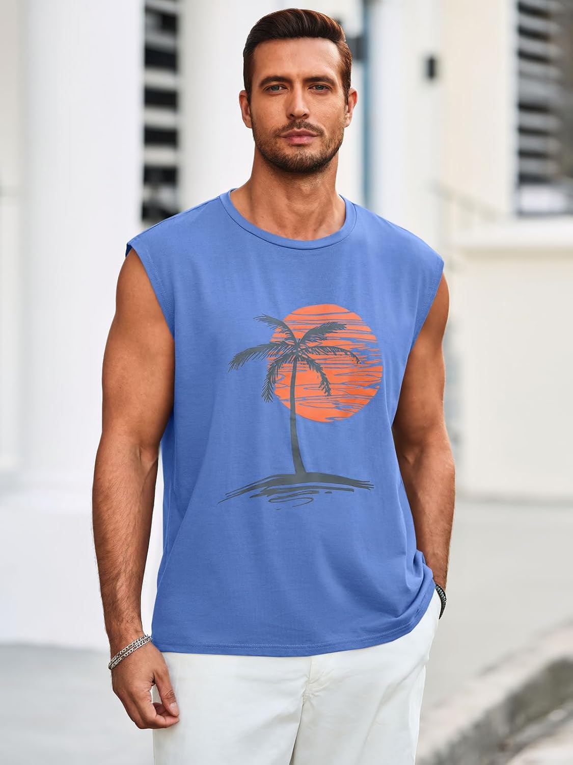 Runcati Mens Sleeveless Tank Tops Workout Gym Muscle Shirts Palm Tree Vintage Hawaiian Summer Beach T Shirts - Image 2