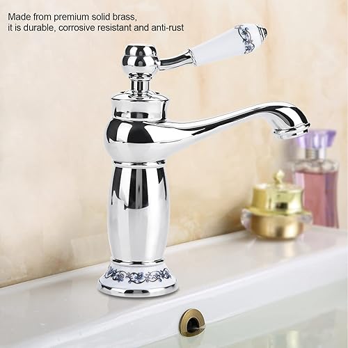 Miniatura 3 de Fdit Grifo de latón antiguo de cerámica, grifo de lavabo de baño, grifo de lavabo vintage de cuello largo para cocina fría/caliente (cromado)
