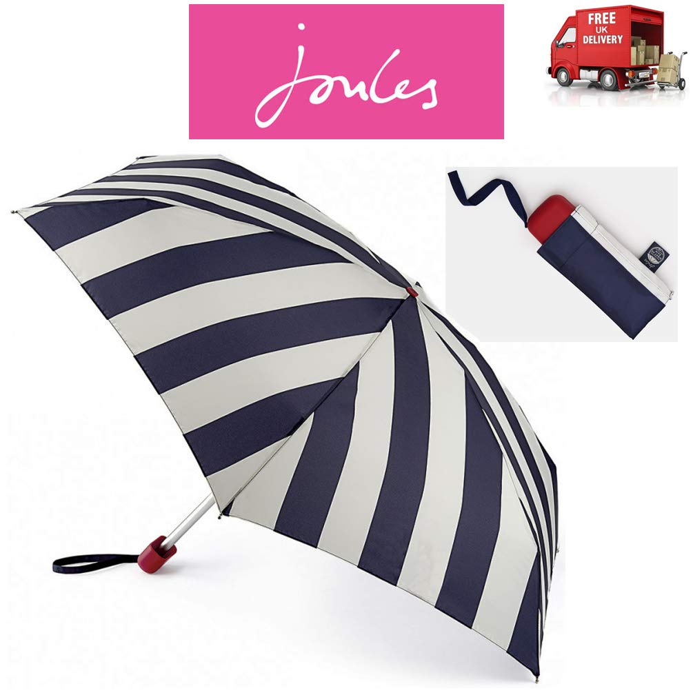 Joules Coastal Stripe Navy White Compact Tiny Folding Handbag Umbrella & Matching Cover