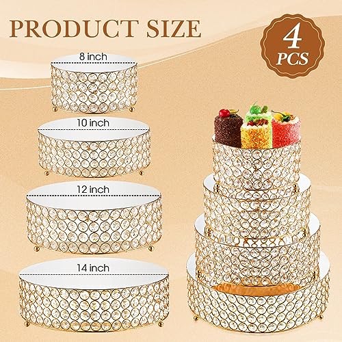 Uiifan 4 Pcs Crystal Gold Cake Stand Set 4 Size Elegant Round Dessert Display Metal Cupcake Stand with Mirror Plate Crystal Beads for Party Birthday Festival Anniversary Holiday 8/10/ 12/14'' - Image 5