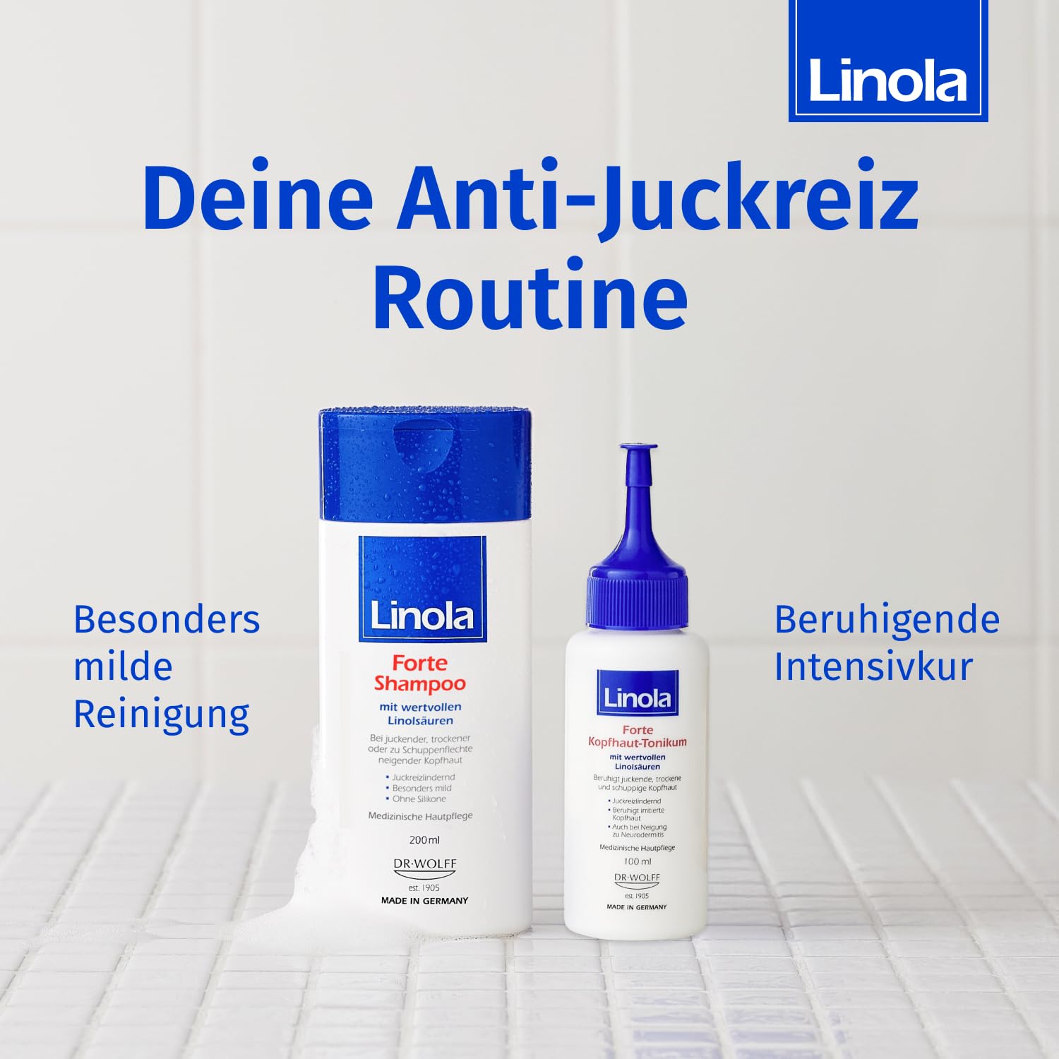 Linola Forte Shampoo + Forte Kopfhaut-Tonikum - 200 ml + 100 ml - Pflege-Set gegen trockene Kopfhaut und Schuppenflechte - Haarshampoo und Haarwasser gegen Juckreiz
