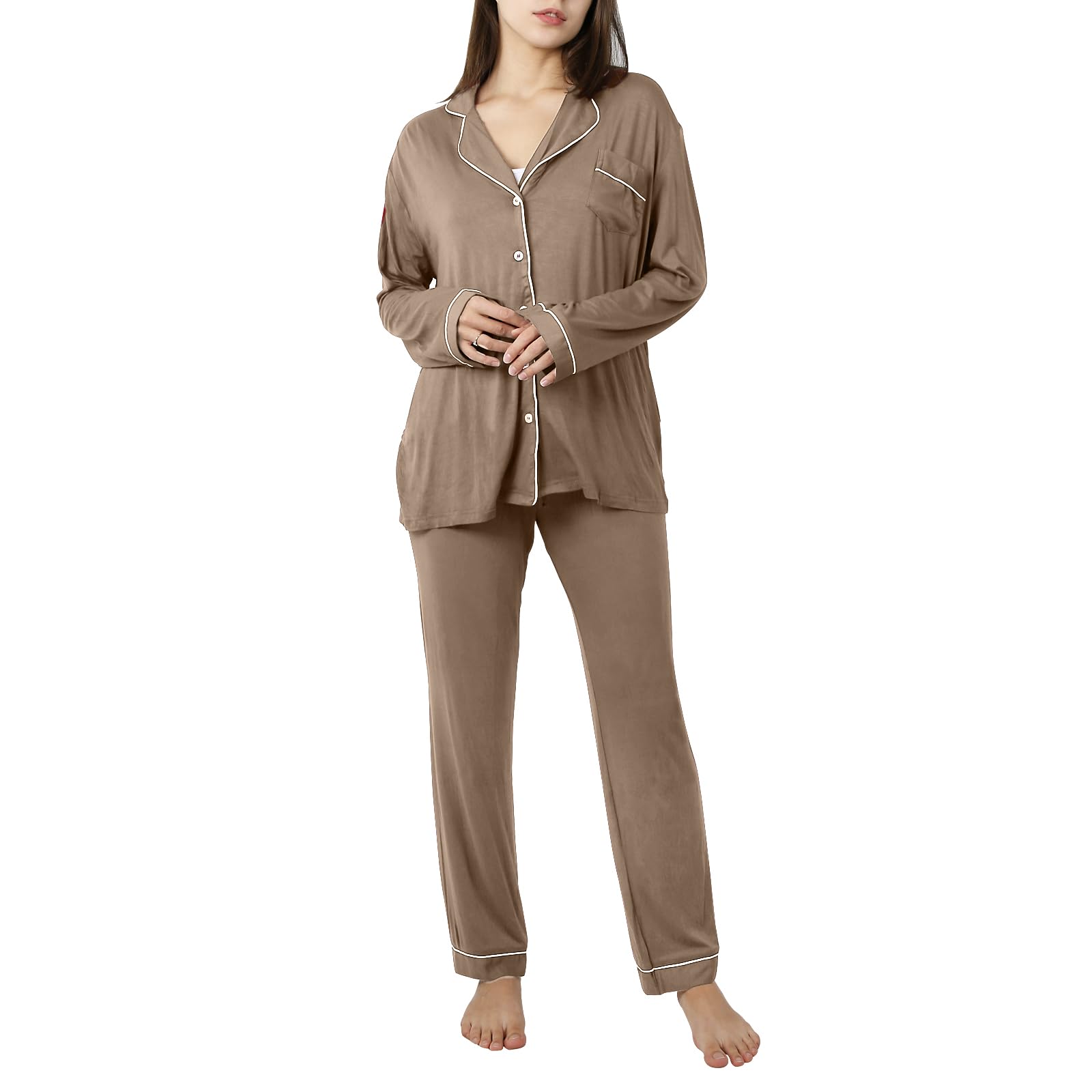 Ensemble de Pyjama Femme Vêtements de Nuit Boutonné à Manches Longues Pyjamas Femme 2 Pcs en Modal Hiver Doux à Porter Et Confortable