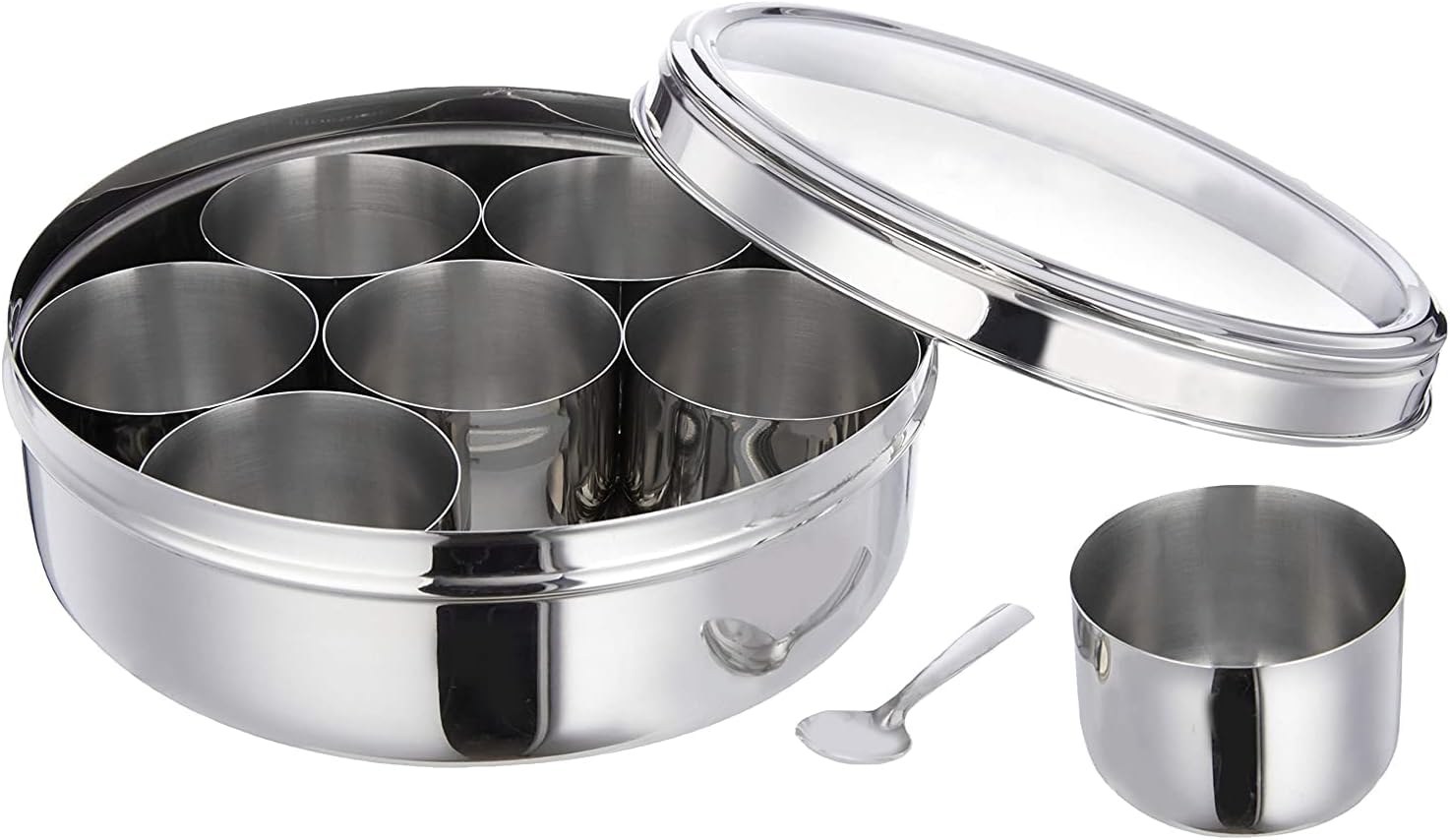 Pound VegSpice Box - Spice Container - Masala Dabba - 7 Compartments, Steel Masala box, steel masala dabba, 7 spice containers with size 8 X 8 inches