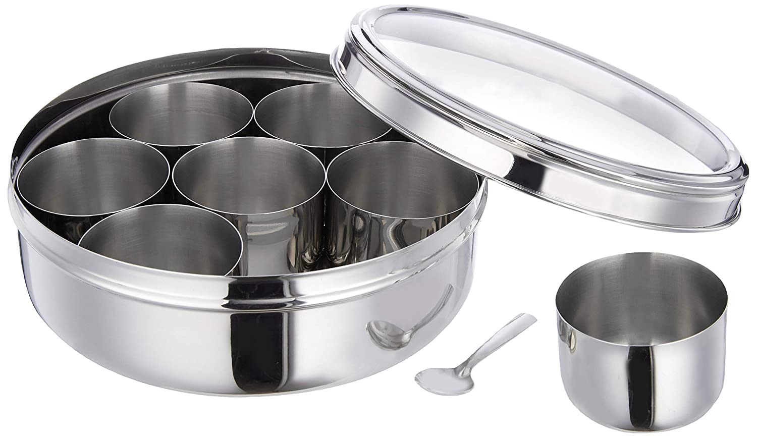Pound VegSpice Box - Spice Container - Masala Dabba - 7 Compartments, Steel Masala box, steel masala dabba, 7 spice containers with size 8 X 8 inches