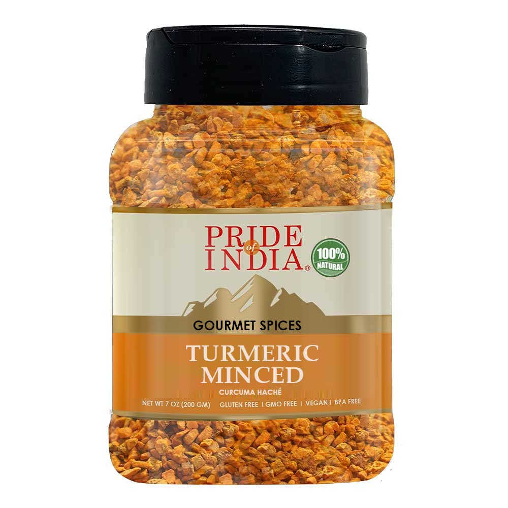 Pride of India - PACK of 6 - Turmeric Minced Whole – Gourmet Spice – Curcumin Rich Properties – No Additives Gluten – Easy to Use – 7 oz. Medium Dual Sifter Jar
