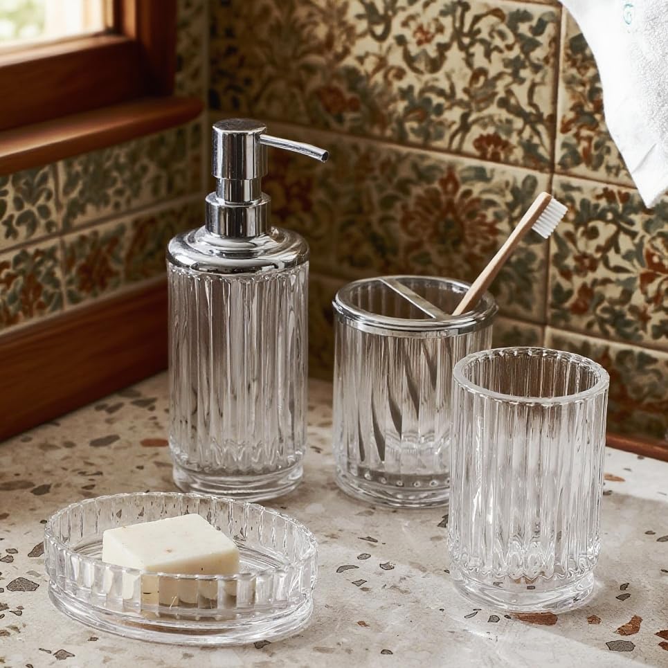 4-Piece Glass Bathroom Accessories Set, Clear Crystal Ribbed Design, Soap Dispenser, Toothbrush Holder, Tumbler, Soap Dish - Image 5