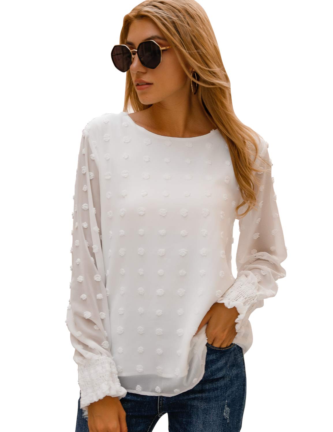 Blooming JellyWomens Chiffon Blouses Elegant Lantern Long Sleeve Round Neck Top Pom Pom Shirts