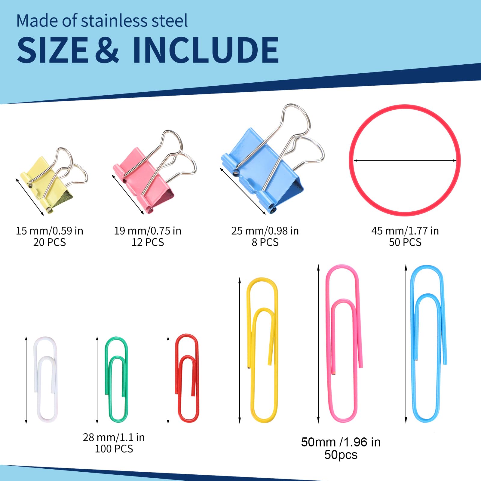 Paper Clips & Binder Clips Assorted Set – 240 Pieces, Multi-Color, Includes Clips & Rubber Bands In Storage Container