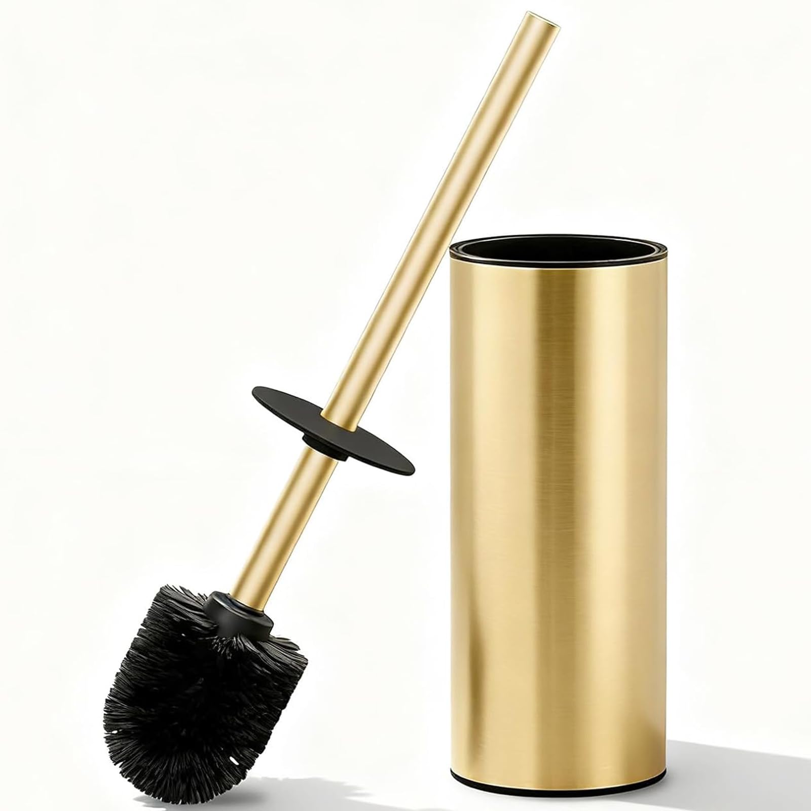 Toilet Brush and Holder Set, NEWRAIN 304 Stainless Steel Toilet Brush with Long Brush Handle, Brushed Gold Toilet Scrubber and Covered Holder, Round Design Sturdy and Space Saving, Covered Brush