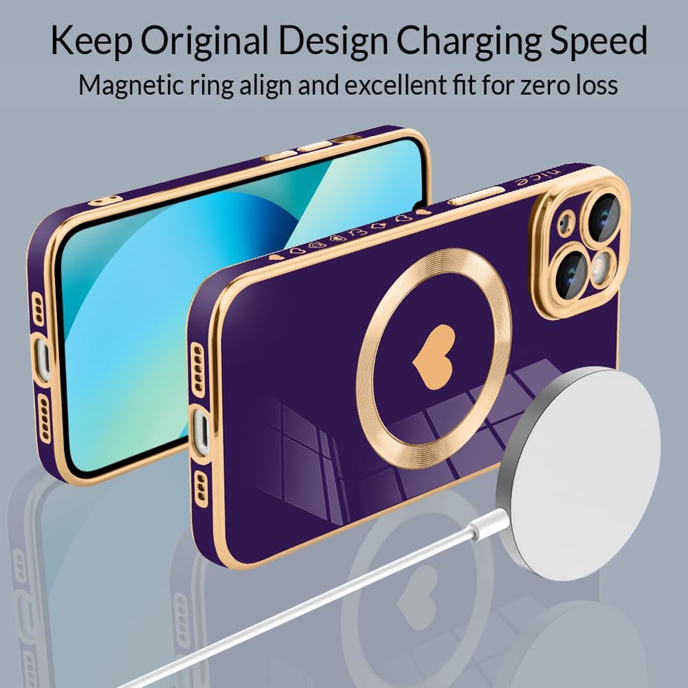 tharlet Magnetic for iPhone 13 Case [Compatible with Magsafe] Cute Love Heart Luxury Plating Gold Edge Bumper Case with Full Camera Lens, Purple (6.1") - Image 2