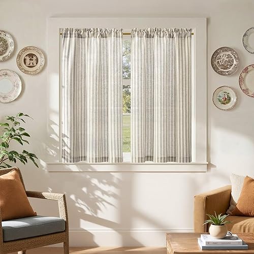 Miniatura 72 de jinchan - Cortinas de cocina de lino de 36 pulgadas de largo, a rayas finas, de media altura, pequeñas, para sala de estar, baño, café, estilo de