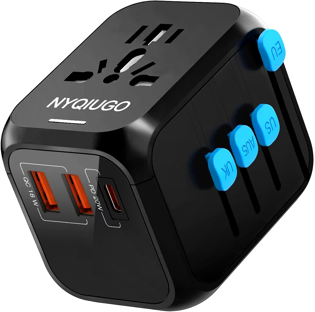 NYQIUGO Universal International Power Travel Plug Adapter with 3 USB Ports (1 USB C), Worldwide Plug Adaptor Wall Charger for USA to Europe UK France Germany Spain Ireland Australia (Type C/G/A/I)