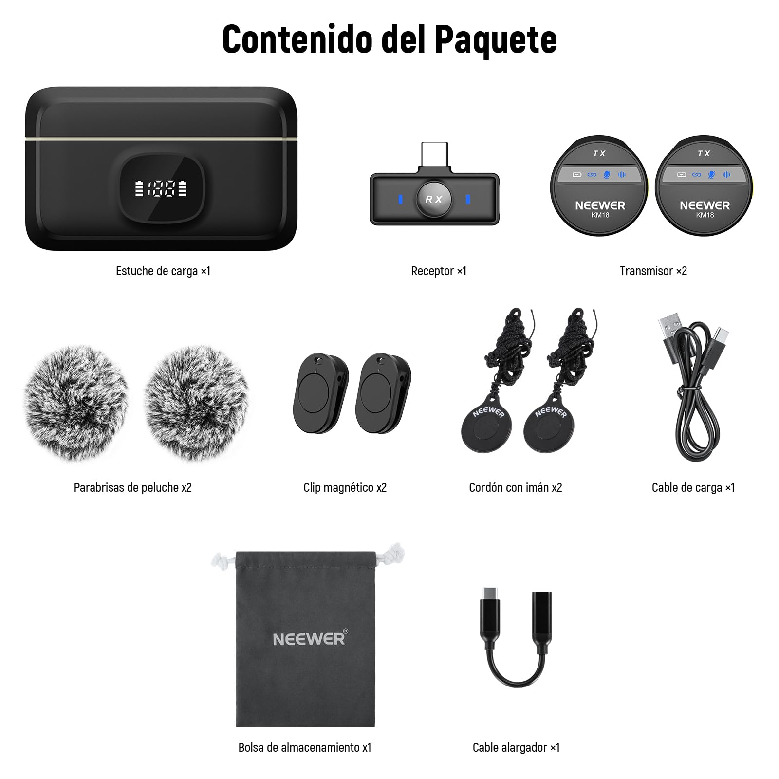 NEEWER Micrófono Lavalier Inalámbrico para iPhone Mini Mic Solapa Set Cancelar Ruido y Estuche de Carga USB C OTG Batería 24H 200m Alcance Compatible con iPhone 16 15 Android PC Portátil, KM18