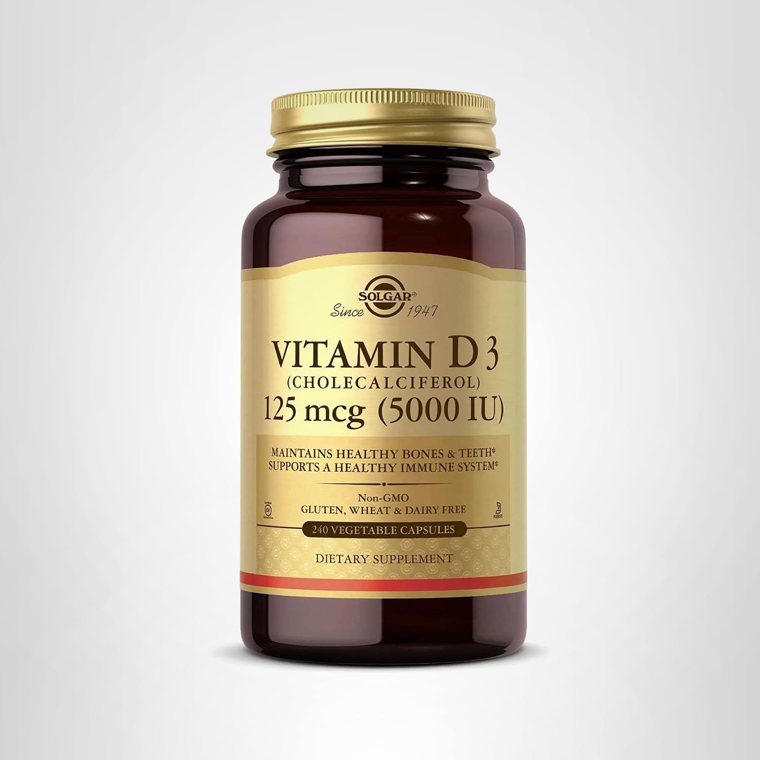 Solgar Vitamin D3 (Cholecalciferol) 125 mcg (5000 IU), 240 Vegetable Capsules - Helps Maintain Healthy Bones & Teeth - Immune System Support - Non-GMO, Gluten Free - 240 Total Servings